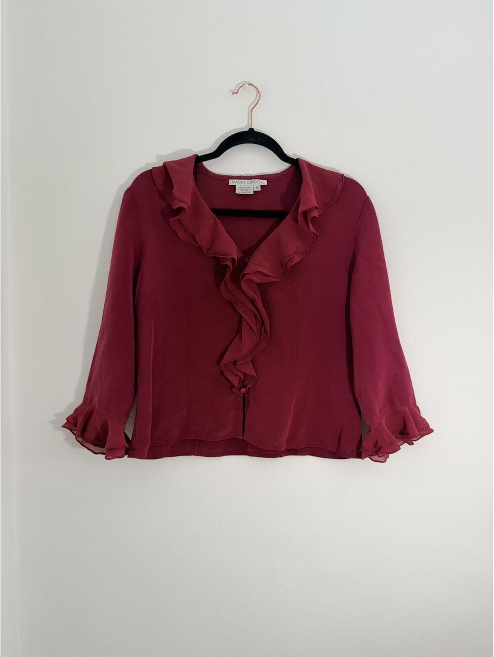 Maggy London 100% Silk Raspberry Pink Ruffle Blouse Size 12 Feminine Career Top